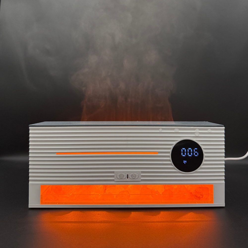 Amber Glow flame-effect aroma diffuser with ultrasonic mist, digital clock, alarm function, and remote control – perfect for cozy home relaxation by Illumaluxe