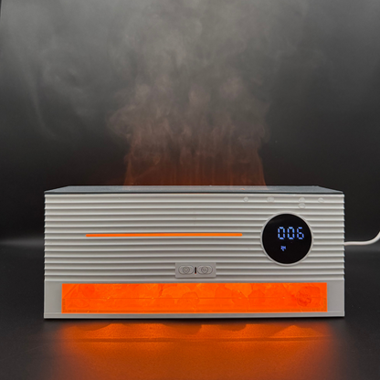 Amber Glow flame-effect aroma diffuser with ultrasonic mist, digital clock, alarm function, and remote control – perfect for cozy home relaxation by Illumaluxe
